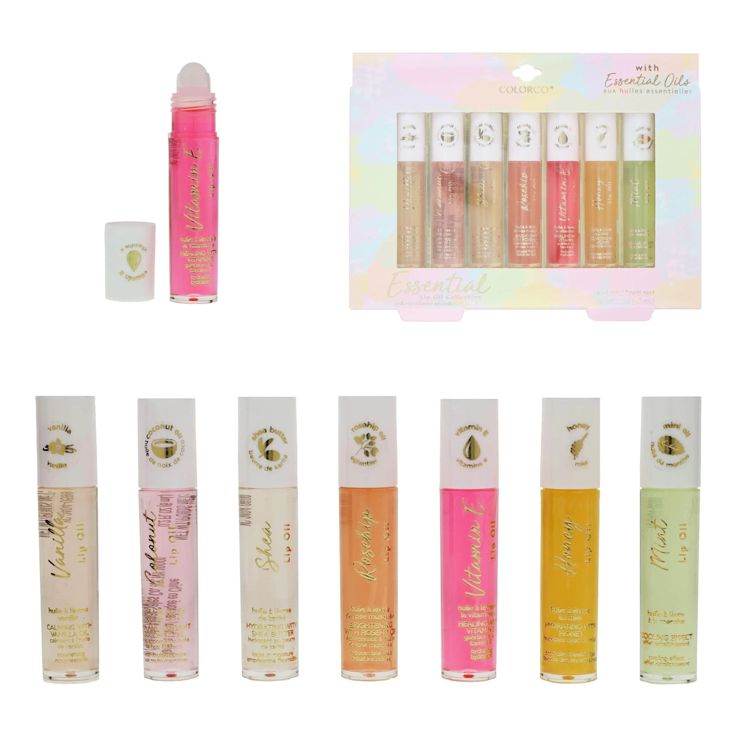 Expressions 7pc Lip Oil Set Hydrating Roll On Lip Oils Infused w/Essential Oils - Rollerball Lip Oils Vitamin Enriched Lip Oil Set