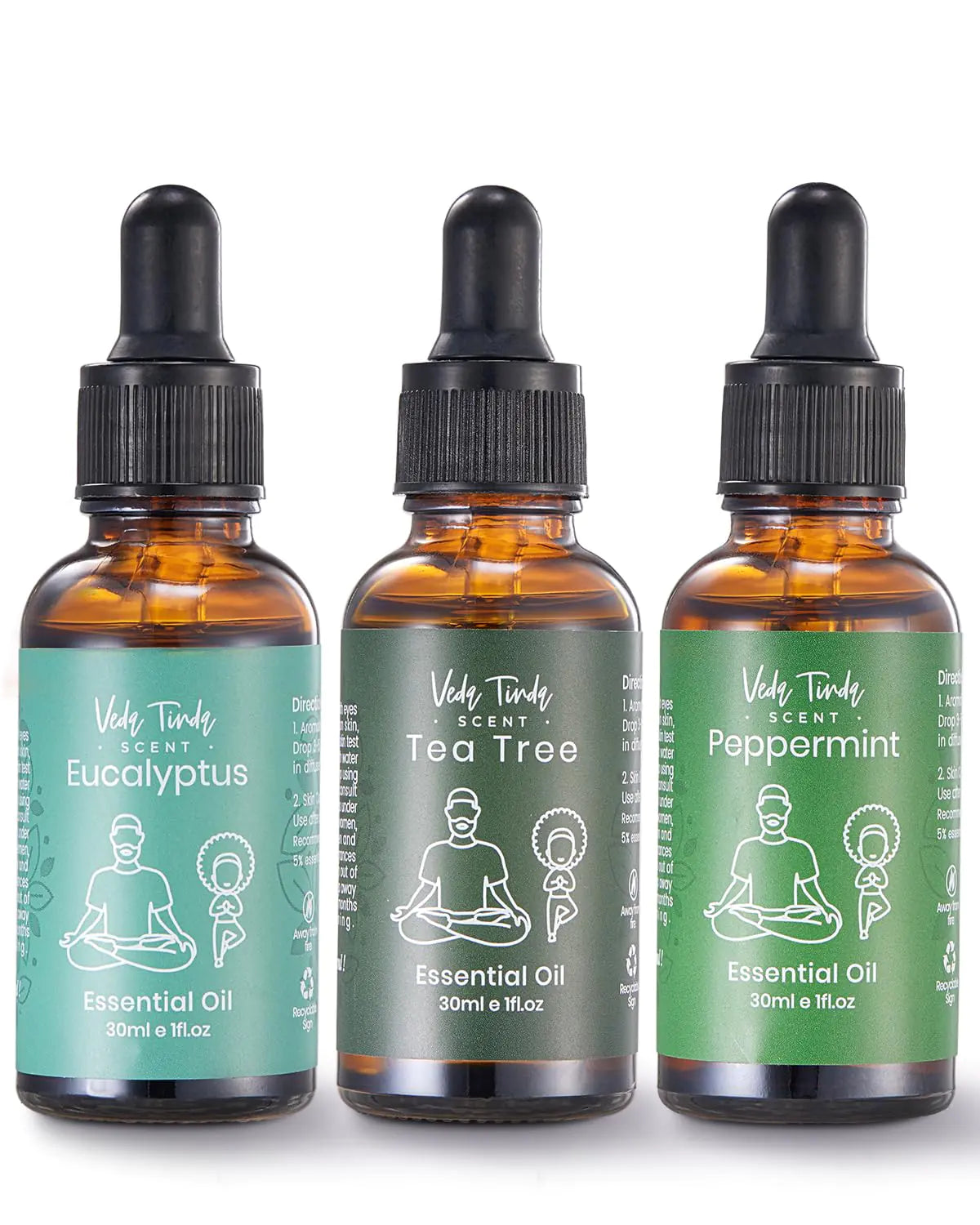 VTS Essential Oils Set - Peppermint Oil Eucalyptus Oil Tea Tree Oil with Glass Dropper for Home Diffuser Aromatherapy Massage Skin & Hair Care Topical Uses 1 Fl Oz (Pack of 3)