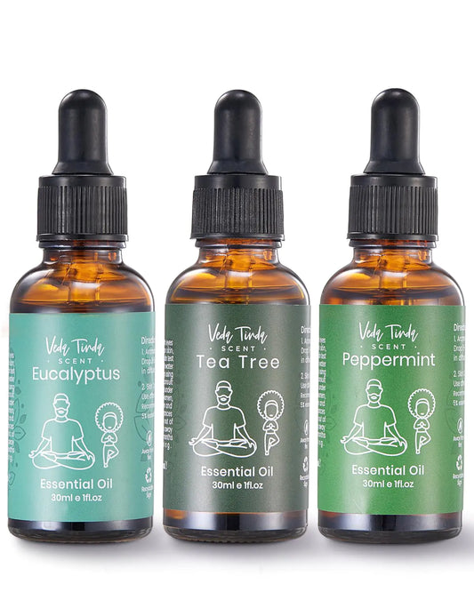 VTS Essential Oils Set - Peppermint Oil Eucalyptus Oil Tea Tree Oil with Glass Dropper for Home Diffuser Aromatherapy Massage Skin & Hair Care Topical Uses 1 Fl Oz (Pack of 3)
